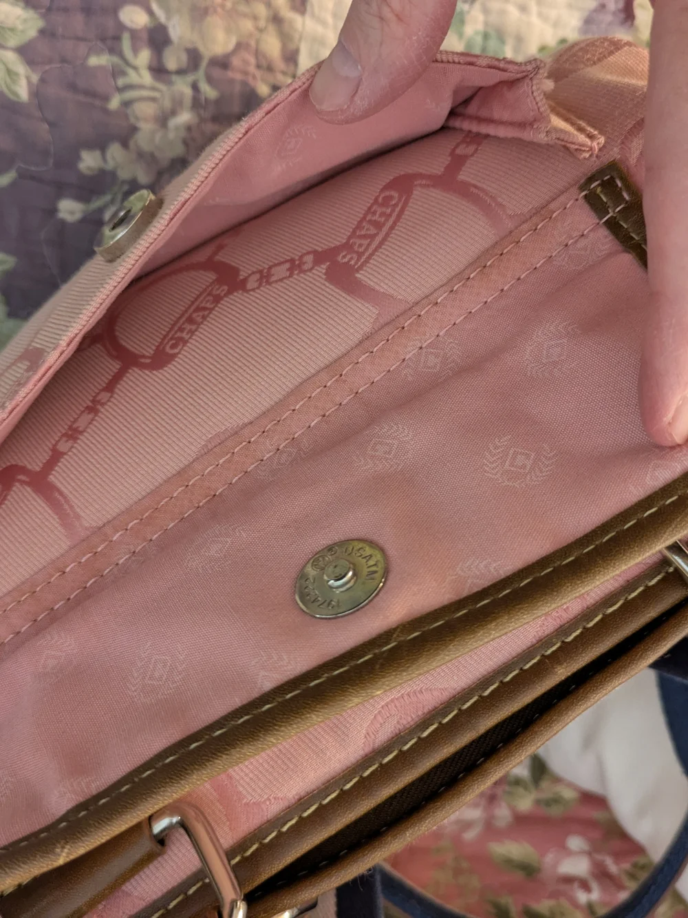 Chaps Pink Fabric Bag with Brown Trim and Charm